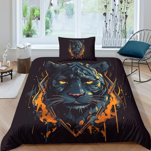 HOTGE Schwarzer Leopard Bettwäsche Set Kinder Mikrofaser Bettwäsche Wildtiere 3D Gedruckt Bettbezug Mit ReißVerschluss,Soft Jungen Mädchen Bettwaren Single（135x200cm）