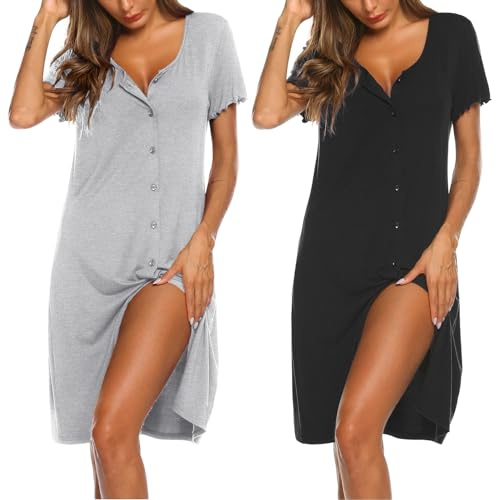 Ekouaer Nursing Nightgowns for Women Breastfeeding 2 Pack Button Down Nightshirt Sleep Shirts for Women Black, Light Grey
