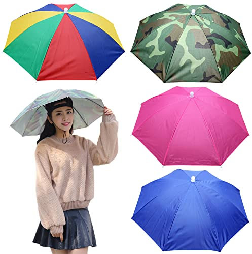 MUFEKUM 4 Stück Regenschirm Hut, 69cm Regenschirmhüte für Erwachsene, 360° Gegen UV Kopf Regenschirm, Wasserdicht Schirmhut mit Kopfband für Outdoor-Party, Angeln, Sonne, Strand, Golf, Wandern