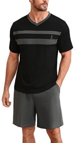 Nieery Schlafanzug Herren kurz Baumwolle Sommer Pyjama Set Kurzarm V-Ausschnitt T-Shirt und Shorty Schlafanzughose