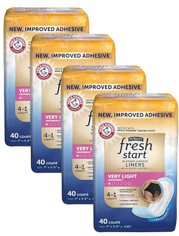 FitRight Fresh Start Liners for Women, Now with Stronger Adhesive, Incontinence, Bladder Leak, & Postpartum Pads with Odor-Control Power of ARM & Hammer, Very Light Absorbency (40 Count, Pack of 4)