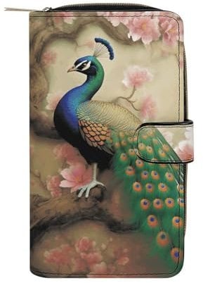 YKUDBN Herren-Geldbörse aus Leder, orientalischer Pfau auf Blumenbaum-Druck, niedliche Geldbörse für Damen, Reißverschluss-Geldbörse, geeignet für den täglichen Gebrauch, orientalischer Pfau auf