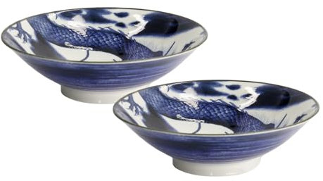 TOKYO Japonism Drachen-Schalen 2er Set, große japanische Suppen- & Ramen-Schalen, blau-weißes Porzellan, Ø 25,2 cm, 1600 ml, traditionelles japanisches Design, Servierschalen für Nudeln & Salate