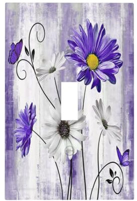 Xuejiaku Piastra di copertura decorativa per interruttore della luce rustico viola margherita farfalla Boho bianco floreale 1 banda piastra da parete copertura singola interruttore a levetta piastra