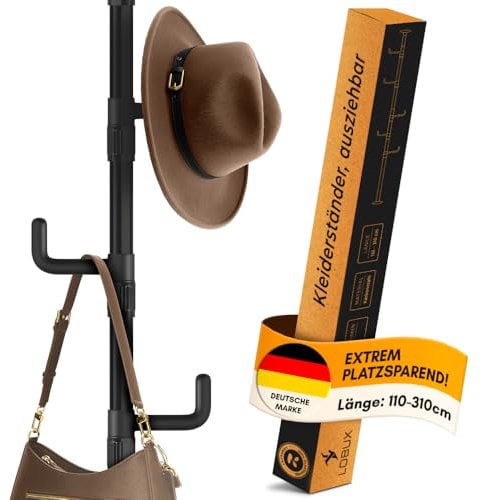 LOBUX® - Garderobenständer ausziehbar, 5 Haken [schwarz, 110-310cm] – Teleskop Kleiderständer stabil – Garderobe platzsparend, Metall – Herrendiener Schlafzimmer – Flurgarderobe – Wäscheständer Balkon