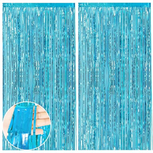 2pcs Tinsel Curtains, Foil Curtain 3.3ft *6.6ft Blue Party Decorations Background Streamers, Tinsel Curtain Backdrop Foils Fringe Curtains for Graduation Wedding Holiday Birthday Decoration