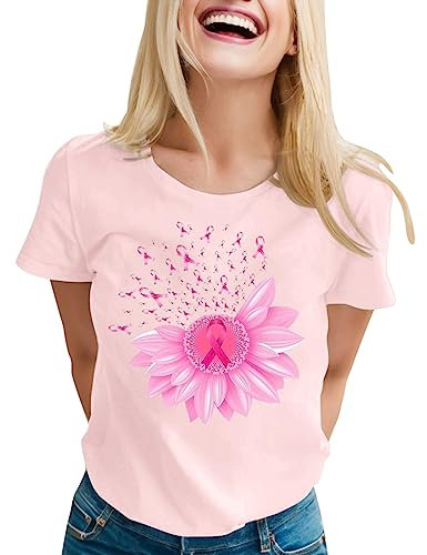 Générique T Shirt Octobre Rose Femme Cancer du Sein Octobre Rose T-Shirt, Octobre Rose Tee Sensibilisation Cancer du Sein Ruban Rose T-Shirt Pas Cher Tee Shirt Femme Respirant (001 Rose, L)