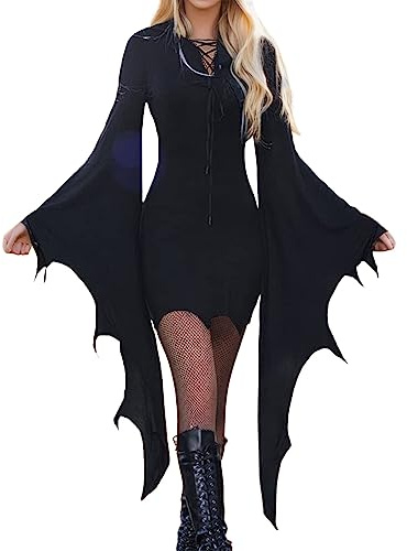 POIUIYQA Robe Gothique Femme Manches Longues Sexy Mini Robe Cosplay Costumes Robe Motif De Squelette Crâne Halloween Carnaval Party Robe à Manches Chauve-Souris