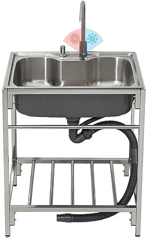 Fregadero utilitario de acero inoxidable independiente al aire libre de un solo tazón para restaurante con grifo, lavabo de mano para garaje, lavandería