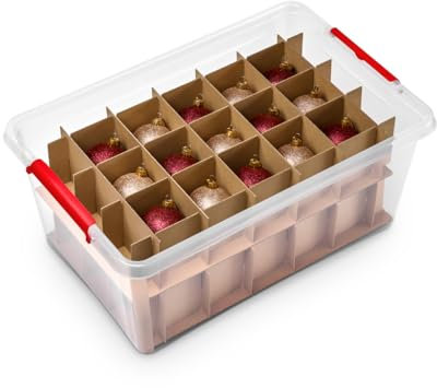 Kreher X-Mas Aufbewahrungsbox 40 Liter für Christbaumkugeln, Adventsschmuck, Weihnachtsdekoration. Mit praktischen Einteilern für ca. 30 Kugeln. Transparent mit rotem Deckel. (2)