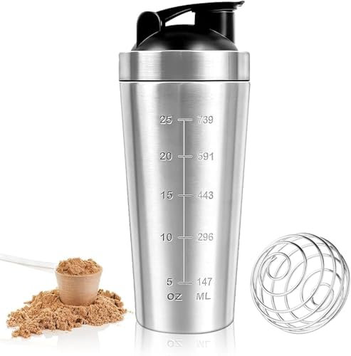 Rppiup Protein Shaker Bottle 750ml, Stainless Steel Protein Shaker Cup, Gym Shaker Bottle, Protein Mixer Shaker Supplement Bottle with Mixball, Leak Proof Metal Sports Water Bottle for Men&Women