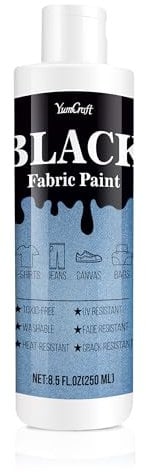 Pintura para tela negra, 8.5 onzas, pintura permanente para ropa, pintura textil Fabricoat no tóxica, tinte medio, suave, rico para manualidades, camisetas, zapatos, jeans, lienzo, cuero