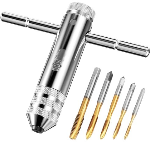 Labmilon Set di Chiave a Cricchetto, 5 Pezzi Maschi per Filettatura M3/ M4/ M5/ M6/ M8 + 1 Pezzi Giramaschi a T, Filettatrice Manuale Regolabile, Maschi per Filettare con Rivestimento in Titanio