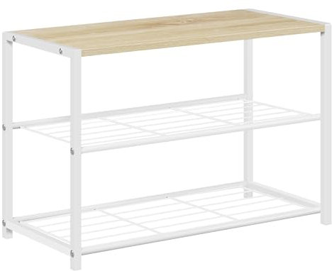 WOLTU Étagère à Chaussures, Étagère pour Chaussures avec 2 Étages en Treillis et Cadre Métallique pour Entrée, Couloir, Salon, 63x30x43cm, Chêne Clair+Blanc