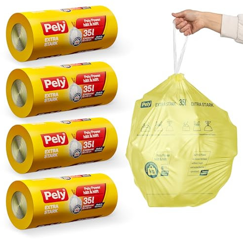 Pely Zugband Müllbeutel extra stark, Vorteilspack (4 x 17 Stück), gelb, für die Entsorgung von Restabfall (25 Liter) (25 Liter)