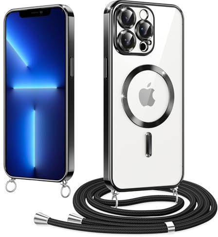 Woijrly Magnetische Handyband mit Band für iPhone 13 Pro Hülle, [Kompatibel mit Magsafe] Handyhülle Case mit justierbarer Schnur Abnehmbar Strap, Crossbody Schutzhülle zum Umhängen Kordel, Schwarz