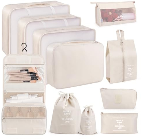 11 Teilige Packing Cubes Set, Koffer Organizer Set, Packing Cubes, Wasserdichte Reise Kleidertaschen mit Kosmetiktasche, Schuhbeutel, USB Kabel Tasche (Beige)