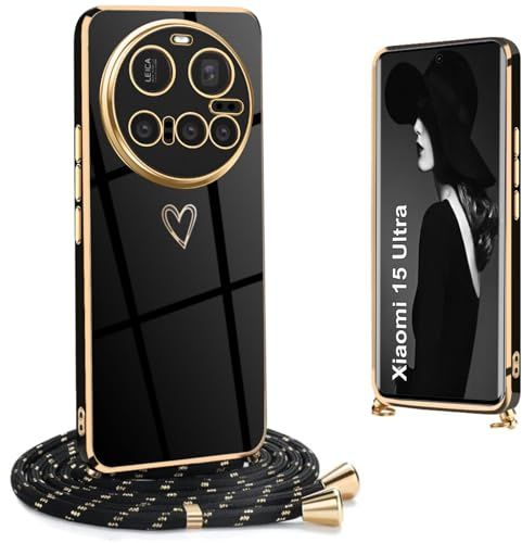 Ptny Funda para Xiaomi 15 Ultra Funda con Cuerda, Galvanizado Silicona Funda con Collar con diseño de corazón de Amor, Ajustable Carcasa con Cuerda para Xiaomi 15 Ultra, Negro