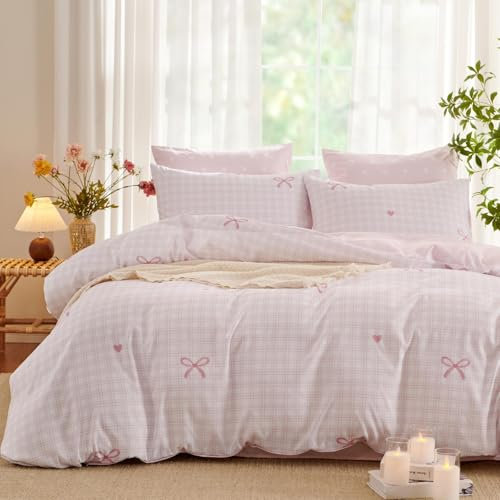 Freyamy Herzen Bettwäsche 135x200cm 2teilig Weiß Rosa Schleifen Liebe Karierte Mädchen Wendebettwäsche-Sets Microfaser Kinder Deckenbezug 1 Bettbezug mit Reißverschluss und 1 Kissenbezug 80x80cm