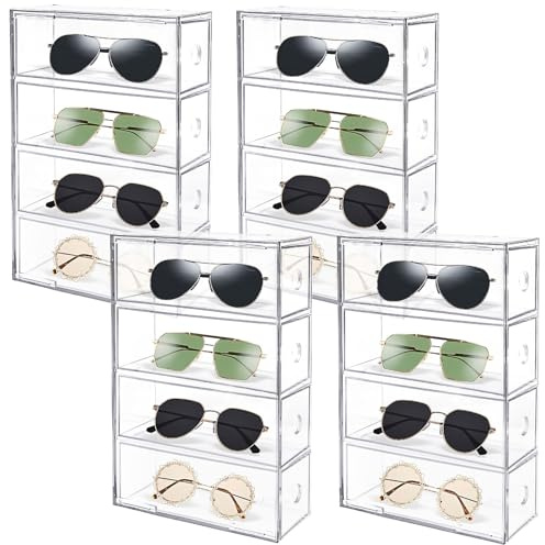 4 Pack Acrylic Sunglasses Organiser, Clear Eyewear Display Organiser with 4 Drawers, 27 x 17 x 7 cm Stackable Eyeglasses Holder for Women & Men, Make-up Storage Drawer Tray for Glasses Jewelry Watch