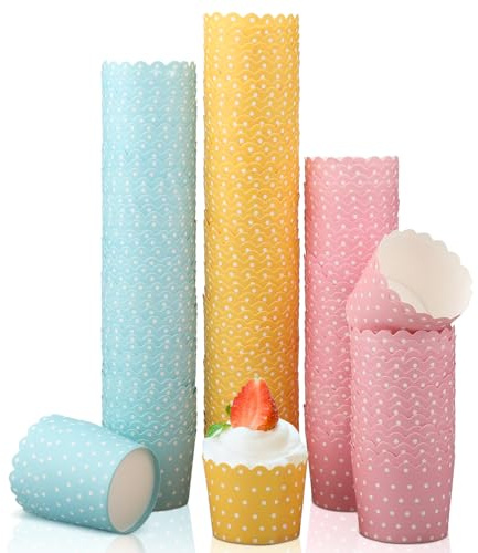 Lot de 150 caissettes en papier pour muffins, cupcakes, muffins, pour mariages, anniversaires, fêtes et Halloween (rose, bleu et jaune)