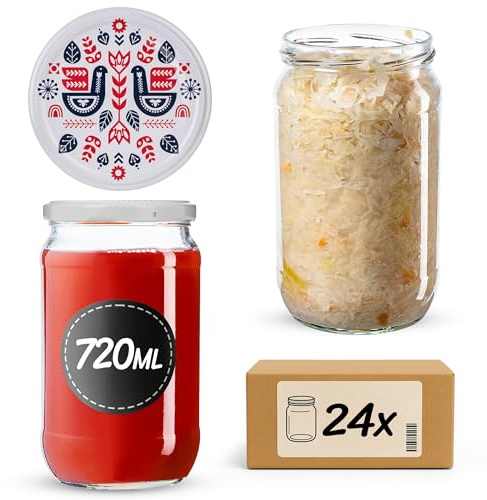 KADAX 24er Set Einmachgläser 720ml TO82 Folklore I, Große Sturzgläser mit Schraubdeckel, Einkochgläser Fermentierglas für Gurken, Gemüse, Sauerteig