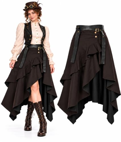 Vintage-Rock für Damen, Gothic-Punk-Stil, unregelmäßig, gerüscht, hohe Taille, A-Linien-Rock mit Gürtel