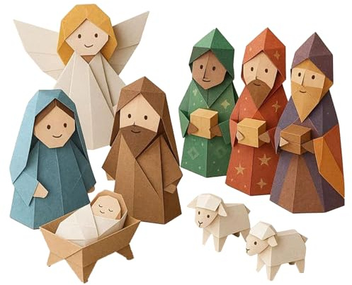Rechory Krippen-Papierbasteln für Kinder, Schreibtisch-Dekoration, lustig, handgefertigt, Krippen-Set, Jesus, Engel, Tier, für Kinder, Erwachsene, Familienfeier, Urlaub, Geburtstag, Zuhause, Büro