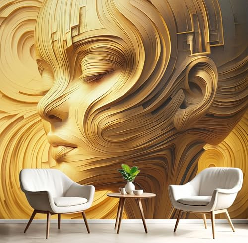 Papier Peint Soie Panoramique Femme Portrait, 3D Poster XXL Papier Peint Motif Abstrait Contemporain, Fresque Murale 400×280 cm, Décoration Murale Or Clair Pour Salon Chambre Bureau Tv