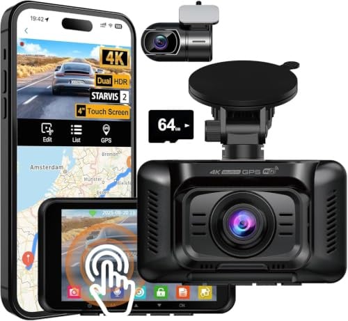 HUPEJOS 4K Dashcam Auto Vorne Hinten, Touchscreen 4 Zoll, STARVIS 2, V100 | Dual HDR Nachtsicht, 5GHz WiFi GPS, Kostenlose 64GB Karte, Sprachsteuerung, 24H Parküberwachung, G-sensor, Privacy Mode