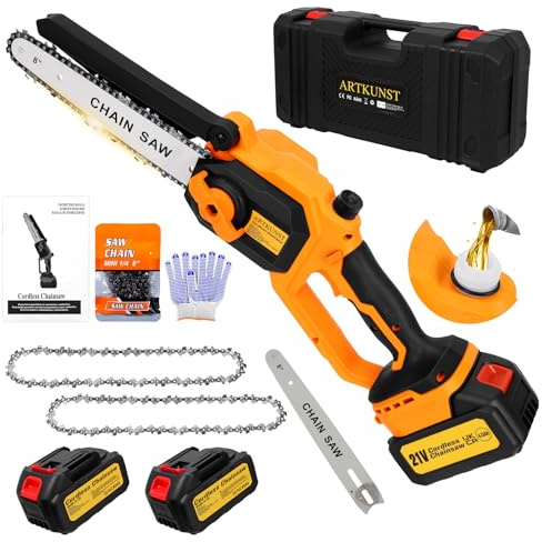 8 Inch Mini Chainsaw Cordless, 1000W Brushless Motor Electric Power Chain Saw with 2 Batteries & 2 Chains, Small Chainsaw with Safety Lock for Tree Trimming, Garden, Wood Cutting Gift for Men Dad