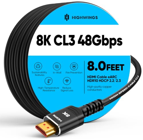 Highwings 10K 8K HDMI Cable 2.5M/8FT,CL3 Rated HDMI Cable,Ultra High Speed | In-Wall CL3 Rated, 8K@60Hz 4K@120Hz Video, 48Gbps, HDMI Lead eARC HDR10 HDCP 2.2/2.3, Compatible Laptop/PC/HDTV/Projectors