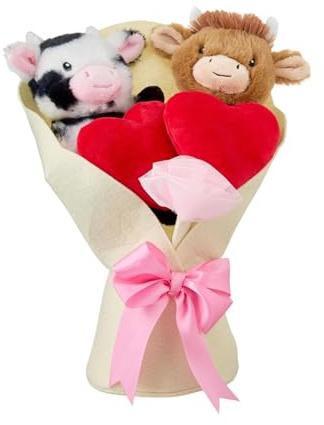 KOBONA Highland Cow Peluche - Bouquet de Vaches Highland avec Cœur et Noeud Rose, Peluches Romantiques pour la Saint-Valentin, pour Elle et Son Amoureux