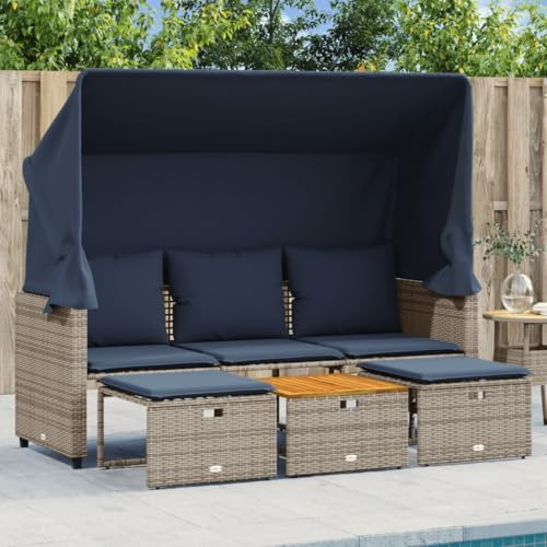 LoogCape Gartensofa 3-Sitzer mit Baldachin, verstellbarem Dach und Hockern, Grau Poly Rattan Lounge Set für Terrasse, Balkon, UV-beständig, pflegeleicht