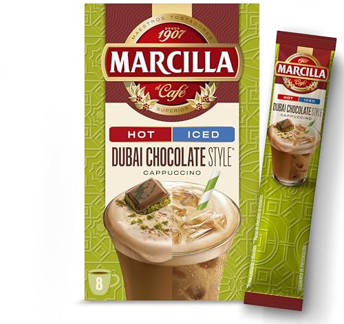Marcilla Café Soluble Mix Cappuccino Dubai Chocolate Style | 8 sobres |120g | Sabor Pistacho y Chocolate, Hot & Iced, 8 sobres de 15g
