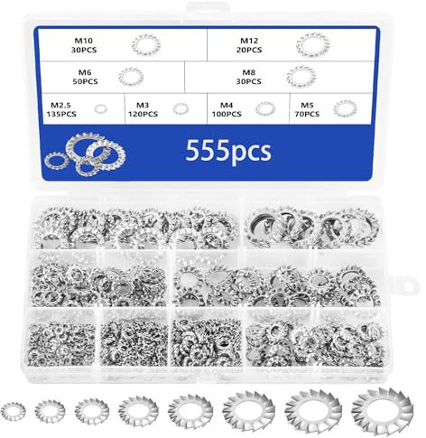 555 Stück Sicherungsscheiben Set, Klemmscheiben Unterlegscheiben | M2,5-M12 Zahnscheiben Sortiment in Box, für Schrauben, Maschinenbau, Werkstatt, Möbelmontage und Autoreparatur