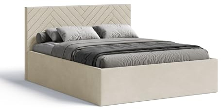 Meblofun Polsterbett ABETE mit Kopfteil, 180x200 cm, Doppelbett mit Bettkasten und Lattenrost aus Holz, Velourstoff, Farbe: Beige