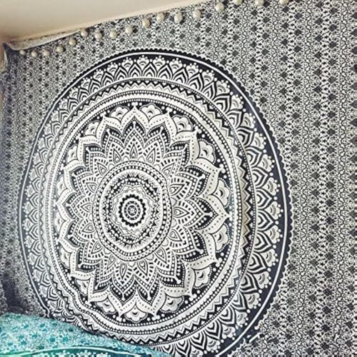 Popular Handicrafts Großer Wandbehang, Hippie-Ombre-Mandala, Bohemian-Wandteppich, indisches Wohnheim-Dekor, psychedelischer ethnisch, dekorativer Wandteppich (213,4 x 228,6 cm) (schwarz grau)