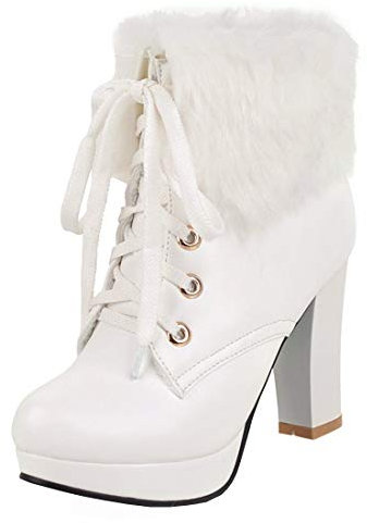 LUXMAX Stivali Invernali Donna Tacco Alto Blocco in Pelliccia Platform Ankle Boots con Lacci (Bianco) - 34 EU