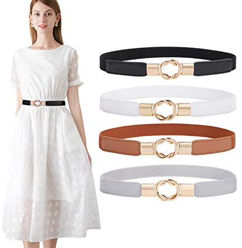 WERFORU 4 Stücke Dünne Gürtel Damen Elastische Taillengürtel Dehnbarer Kleid Gürtel mit Goldene Schnalle Schwarz/Braun/Weiß/Grau