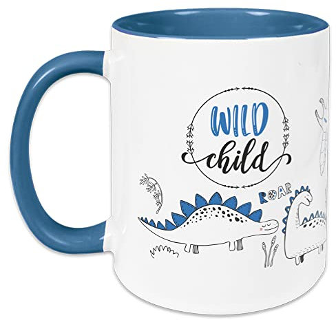 GRAZDesign Kindertasse mit Namen, Tasse Kinder, personalisierte für Junge Trinkbecher Kindergeschirr Kinder Becher Hellblau, Keramik BPA-frei, 330ml Motiv Dinosaurier