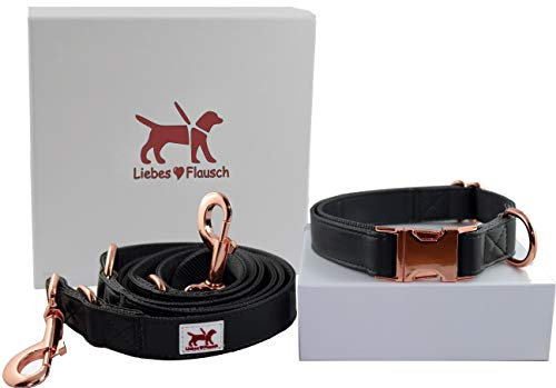 Liebes-Flausch Hundeleine + Hundehalsband im Set | Elegant - Verstellbar - Lederoptik - (40-66cm)