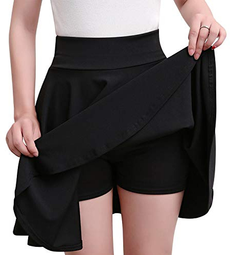 Womens High Waisted A-line Pleated Mini Skater Skirt Solid Color Casual Flared Ruffle Skorts(UK 14/Tag 2XL) Black