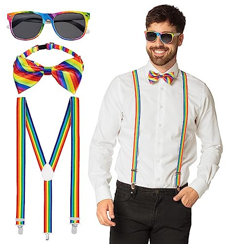 Boland - Party Accessoires im Set, 3-teilig, Brille, Fliege und Hosenträger, glänzende Pailletten, Kostüm-Zubehör, Karneval, Silvester, Mottoparty