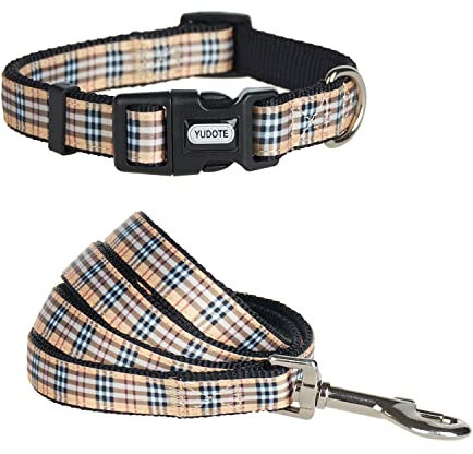YUDOTE Begie Hundehalsband- und Leine, Nylon, kariert, britischer Stil, weich, stark, passendes Set für kleine Rassen, tägliches Spazierengehen
