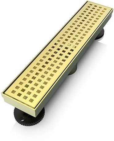 WEBANG Drenaje de suelo rectangular de ducha lineal dorada de 30,5 cm con accesorios, rejilla extraíble de acero inoxidable SUS304 con certificación CUPC, latón dorado cepillado