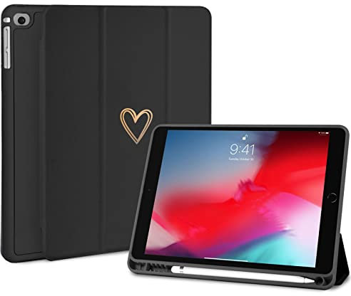 Fycyko Compatible With iPad 9.7 Inch (6th/5th Generation 2018/2017) - Protective Case With Pencil Holder & Tip Cover for Women Girls - Heart Pattern