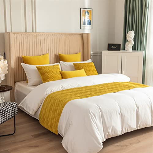 Hotel-Bettläufer, Schals, solide niederländische Samt-Tagesdecken, Bettflagge, Wellenmuster, Bettüberwurf, Schlafzimmer, Dekoration für King-Size-Bett, Senfgelb 45 x 240 cm