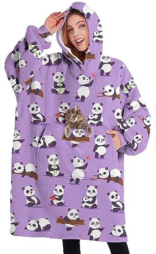 Touchbetter Tragbare übergroße Decke, Sherpa-Decke, Hoodie mit super Taschen, super warm, flauschiger Pullover für Damen und Herren, Lila Panda, Einheitsgröße