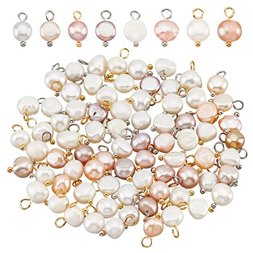 nbeads 80 Pcs 4 Styles Pendentifs de Perles d'eau Douce Breloques, Pendentifs de Perles d'eau Douce de Forme Ovale Breloques Perles Roses Blanches avec Boucles pour Fabrication de Bijoux Collier